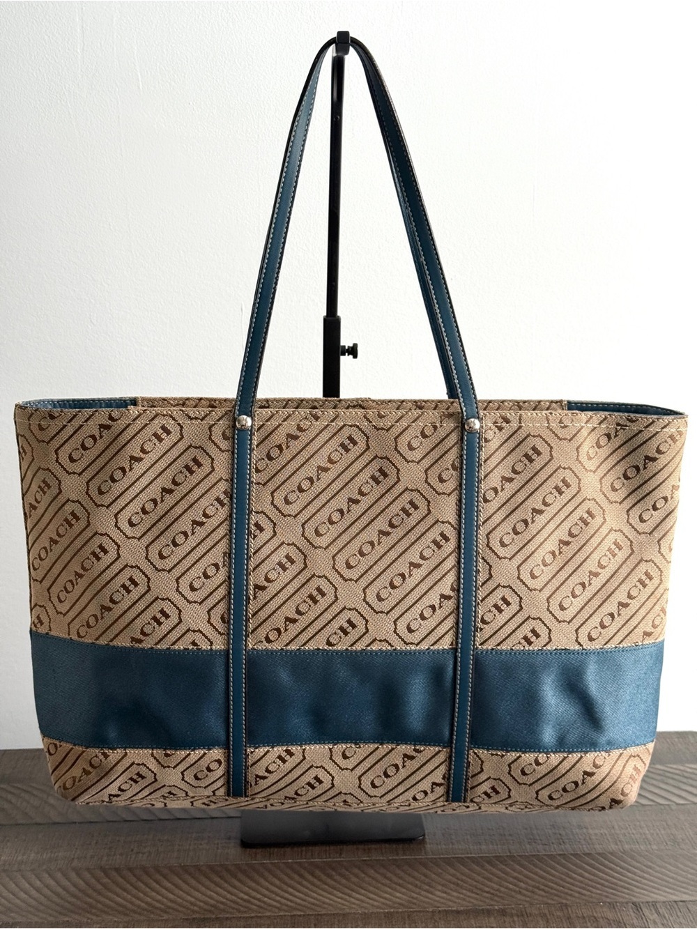 Coach Lozenge Signature Canvas Tote Brown Beige Monogram Canvas Blue Strap/Trim